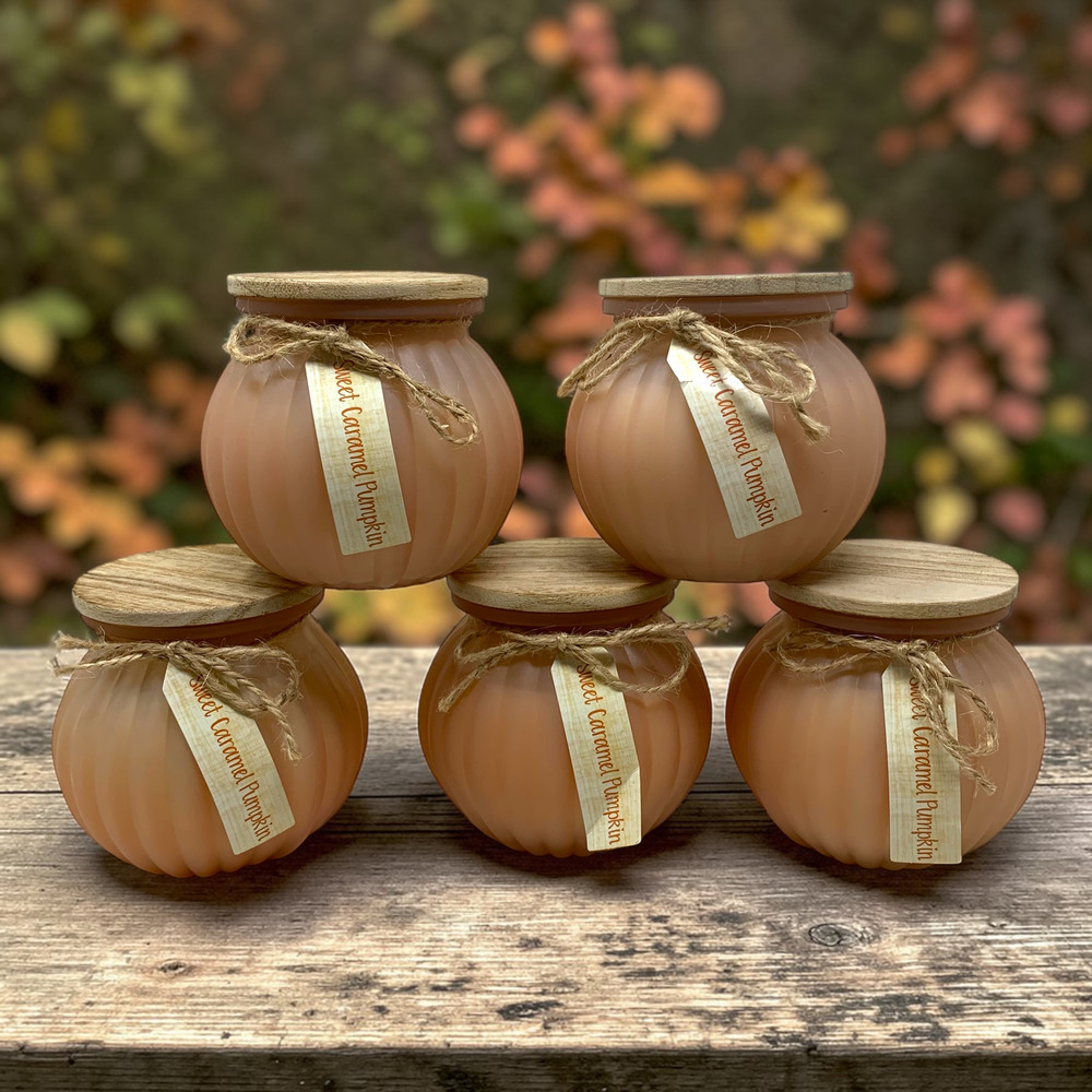 Lot 5 NEW Vintage Pier 1 Imports Sweet Caramel Pumpkin Scented 7 OZ Jar Candles